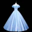 Elegant Sky Blue Flower Prom Dresses 2021 Ball Gown Satin Off-The-Shoulder Sleeveless Backless Floor-Length / Long Formal Dresses