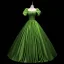 Vintage / Retro Ball Gown Green Satin Prom Dresses 2021 Square Neckline Short Sleeve Backless Floor-Length / Long Formal Dresses