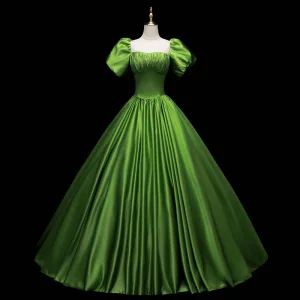 Vintage Ballkleid Grün Satin Ballkleider 2021 Eckiger Ausschnitt Kurze Ärmel Rückenfreies Lange Festliche Kleider