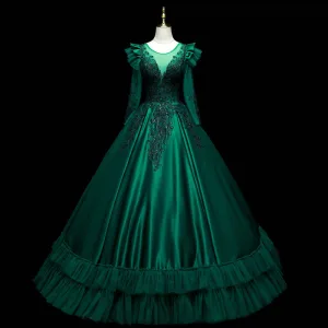 Vintage Retro Dark Green Satin Prom Dresses 2021 Ball Gown Scoop Neck Beading Sequins Lace Flower Long Sleeve Backless Floor Length Long Formal Dresses