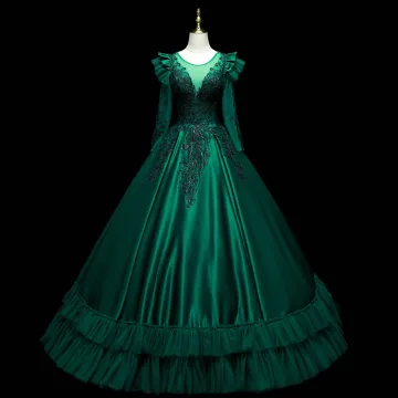 Vintage Originale Vert Foncé Satin Robe De Bal 2021 Robe Boule Encolure Dégagée Perlage Paillettes En Dentelle Fleur Manches Longues Dos Nu Longue Robe De Ceremonie