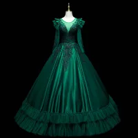 Vintage / Originale Vert Foncé Satin Robe De Bal 2021 Robe Boule Encolure Dégagée Perlage Paillettes En Dentelle Fleur Manches Longues Dos Nu Longue Robe De Ceremonie