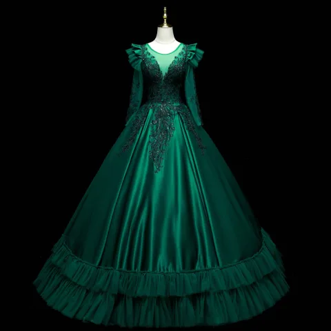 Vintage Dunkelgrün Satin Ballkleider 2021 Ballkleid Rundhalsausschnitt Perlenstickerei Pailletten Spitze Blumen Lange Ärmel Rückenfreies Lange Festliche Kleider