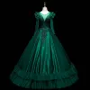 Vintage / Retro Dark Green Satin Prom Dresses 2021 Ball Gown Scoop Neck Beading Sequins Lace Flower Long Sleeve Backless Floor-Length / Long Formal Dresses