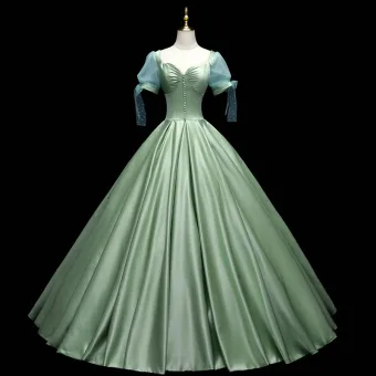 Chic Belle Vert Cendré Satin Robe De Bal 2021 Robe Boule Encolure Carrée Manches Courtes Dos Nu Longue Robe De Ceremonie