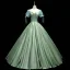 Chic / Beautiful Sage Green Satin Prom Dresses 2021 Ball Gown Square Neckline Short Sleeve Backless Floor-Length / Long Formal Dresses