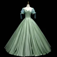 Chic / Belle Vert Cendré Satin Robe De Bal 2021 Robe Boule Encolure Carrée Manches Courtes Dos Nu Longue Robe De Ceremonie