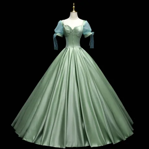 Schöne Salbeigrün Satin Ballkleider 2021 Ballkleid Eckiger Ausschnitt Kurze Ärmel Rückenfreies Lange Festliche Kleider