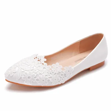 Enkel Hvit Blonder Blomst Flate Brudesko 2021 Spisse Bryllup Pumps