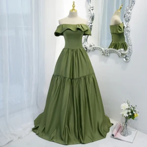 Vintage Retro Olive Green Prom Dresses 2021 A Line Princess Off The Shoulder Sleeveless Backless Floor Length Long Formal Dresses