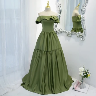 Vintage Retro Olive Green Prom Dresses 2021 A Line Princess Off The Shoulder Sleeveless Backless Floor Length Long Formal Dresses