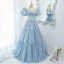 Chic / Beautiful Sky Blue Prom Dresses 2021 A-Line / Princess Square Neckline Short Sleeve Backless Floor-Length / Long Formal Dresses
