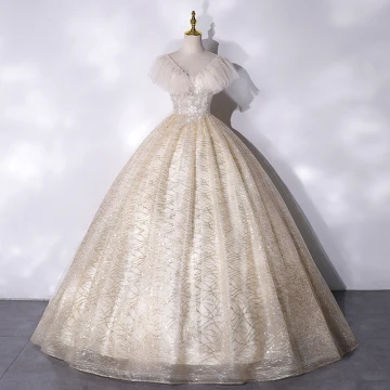 Charmant Bling Bling Champagne Robe De Bal 2021 V Cou Perlage Paillettes Appliques Manches Courtes Dos Nu Longue Robe De Ceremonie