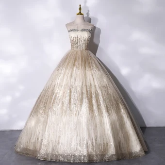 Scintillantes Champagne Perlage Paillettes Robe De Bal Robe De Bal 2021 Robe Boule Encolure Dégagée Sans Manches Dos Nu Longue Robe De Ceremonie