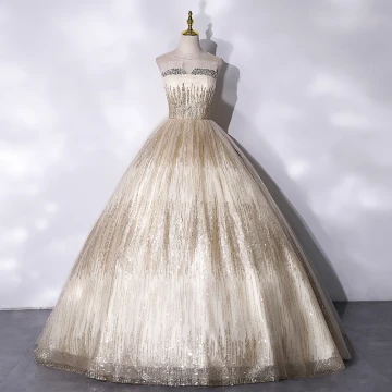 Glitzernden Champagner Perlenstickerei Pailletten Ballkleider Ballkleider 2021 Ballkleid Rundhalsausschnitt Ärmellos Rückenfreies Lange Festliche Kleider