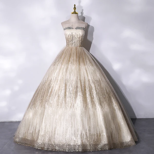 Sparkly Champagne Beading Sequins Prom Dresses Prom Dresses 2021 Ball Gown Scoop Neck Sleeveless Backless Floor-Length / Long Formal Dresses