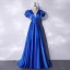 Vintage / Retro Royal Blue Satin Prom Dresses 2021 A-Line / Princess V-Neck Puffy Short Sleeve Backless Floor-Length / Long Formal Dresses