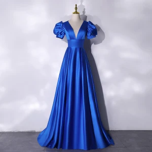 Vintage Retro Royal Blue Satin Prom Dresses 2021 A Line Princess V Neck Puffy Short Sleeve Backless Floor Length Long Formal Dresses