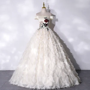 Elegant Champagne Blonder Blomst Dusk Ballkjoler 2021 Prinsesse Satin Av Skulderen Korte Ermer Ryggløse Lange Formelle Kjoler