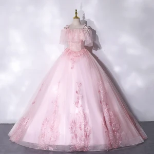 Chic Beautiful Blushing Pink Prom Dresses 2021 A Line Princess Spaghetti Straps Beading Lace Flower Short Sleeve Backless Floor Length Long Formal Dresses