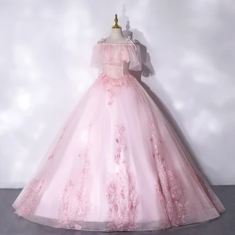 Chic Belle Rougissant Rose Robe De Bal 2021 Princesse Bretelles Spaghetti Perlage En Dentelle Fleur Manches Courtes Dos Nu Longue Robe De Ceremonie