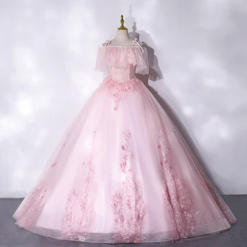 Chic Beautiful Blushing Pink Prom Dresses 2021 A Line Princess Spaghetti Straps Beading Lace Flower Short Sleeve Backless Floor Length Long Formal Dresses