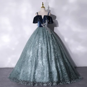 Elegante Donkerblauwe Galajurken 2021 Baljurk Suede Spaghettibandjes Kralen Kant Bloem Korte Mouwen Ruglooze Lange Gelegenheid Jurken