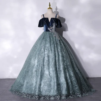 Élégant Bleu Marine Robe De Bal 2021 Robe Boule Daim Bretelles Spaghetti Perlage En Dentelle Fleur Manches Courtes Dos Nu Longue Robe De Ceremonie