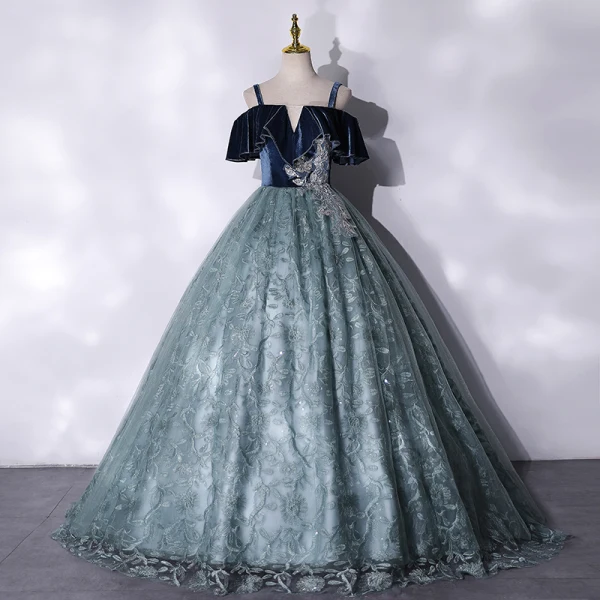 Elegant Navy Blue Prom Dresses 2021 Ball Gown Suede Spaghetti Straps Beading Lace Flower Short Sleeve Backless Floor-Length / Long Formal Dresses