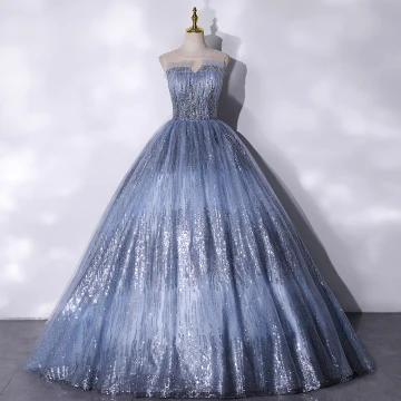 Charmant Scintillantes Océan Bleu Perlage Paillettes Robe De Bal 2021 Robe Boule Encolure Dégagée Sans Manches Dos Nu Longue Robe De Ceremonie
