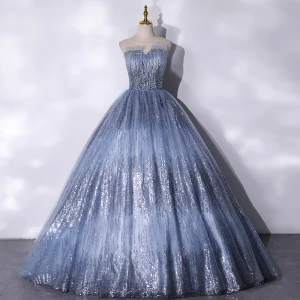 Charmant Scintillantes Océan Bleu Perlage Paillettes Robe De Bal 2021 Robe Boule Encolure Dégagée Sans Manches Dos Nu Longue Robe De Ceremonie