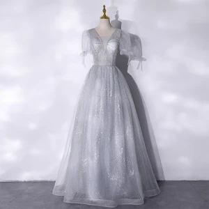 Chic Beautiful Silver Glitter Sequins Prom Dresses 2021 A Line Princess V Neck Short Sleeve Backless Floor Length Long Formal Dresses