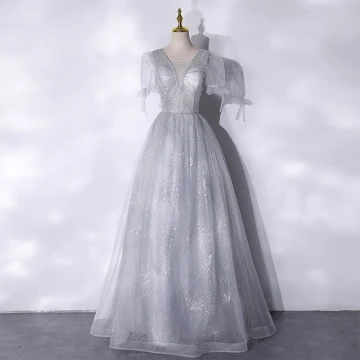 Chic Beautiful Silver Glitter Sequins Prom Dresses 2021 A Line Princess V Neck Short Sleeve Backless Floor Length Long Formal Dresses