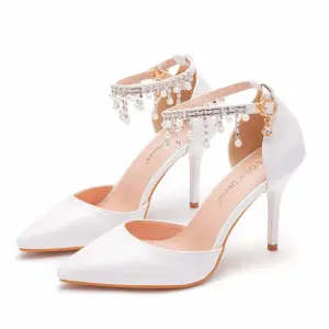 Charming White Wedding Shoes 2021 Pearl Rhinestone Ankle Strap 9 Cm Stiletto Heels Pointed Toe Wedding Sandals High Heels