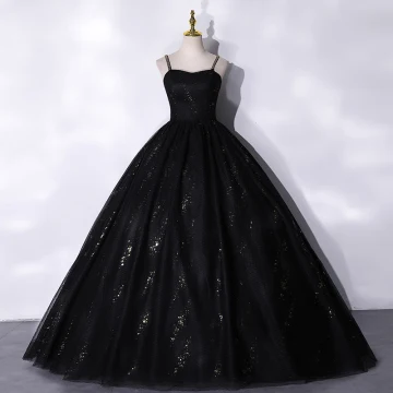 Chic Belle Noire Perlage Paillettes Robe De Bal 2021 Robe Boule Bretelles Spaghetti Sans Manches Dos Nu Longue Robe De Ceremonie