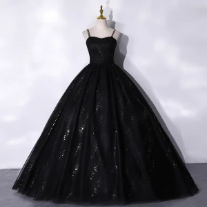 Chic Beautiful Black Beading Sequins Prom Dresses 2021 Ball Gown Spaghetti Straps Sleeveless Backless Floor Length Long Formal Dresses