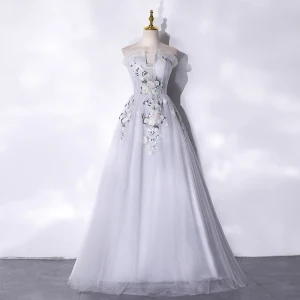 Élégant Argenté Paillettes En Dentelle Fleur Robe De Bal 2021 Princesse Volants Bustier Sans Manches Dos Nu Longue Robe De Ceremonie