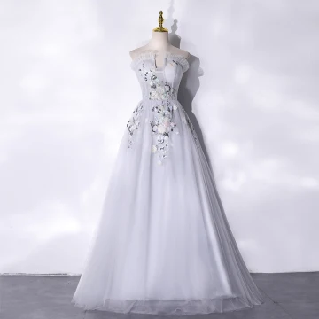 Élégant Argenté Paillettes En Dentelle Fleur Robe De Bal 2021 Princesse Volants Bustier Sans Manches Dos Nu Longue Robe De Ceremonie