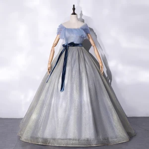 Mode Argenté Robe De Bal 2021 Robe Boule Volants Encolure Carrée Manches Courtes Dos Nu Daim Noeud Ceinture Paillettes Longue Robe De Ceremonie