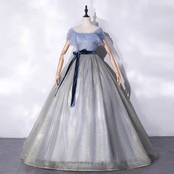 Mode Argenté Robe De Bal 2021 Robe Boule Volants Encolure Carrée Manches Courtes Dos Nu Daim Noeud Ceinture Paillettes Longue Robe De Ceremonie