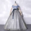 Fashion Silver Prom Dresses 2021 Ball Gown Ruffle Square Neckline Short Sleeve Backless Suede Bow Sash Sequins Floor-Length / Long Formal Dresses