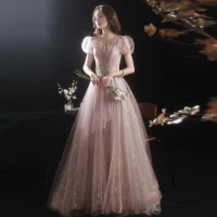 Encantador Rosado Oscuro Vestidos de gala 2021 A-Line / Princess Rebordear Perla Lentejuelas Escote Cuadrado Hinchado Manga Corta Sin Espalda Largos Vestidos Formales