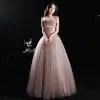 Elegant Dusky Pink Prom Dresses 2021 A-Line / Princess Strapless Beading Pearl Sequins Sleeveless Backless Floor-Length / Long Formal Dresses