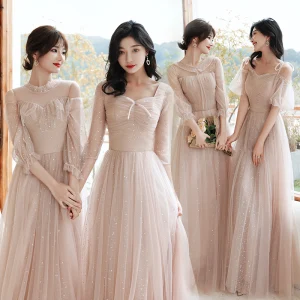 Chic Belle Rougissant Rose Robe Demoiselle D Honneur 2021 Princesse Encolure Dégagée Paillettes Manches Courtes Dos Nu Longue Robe Pour Mariage