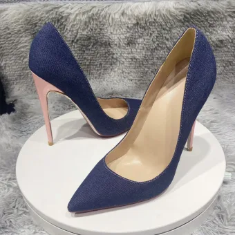 Chic Beautiful Navy Blue Street Wear Denim Pumps 2021 12 Cm Stiletto Heels Pointed Toe Pumps High Heels