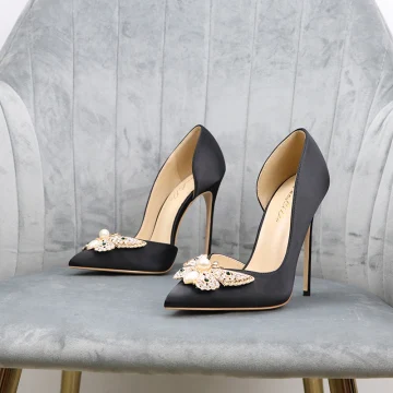 Charming Black Evening Party Rhinestone Pearl Butterfly Satin Womens Shoes 2021 12 Cm Stiletto Heels Pointed Toe Womens Shoes High Heels
