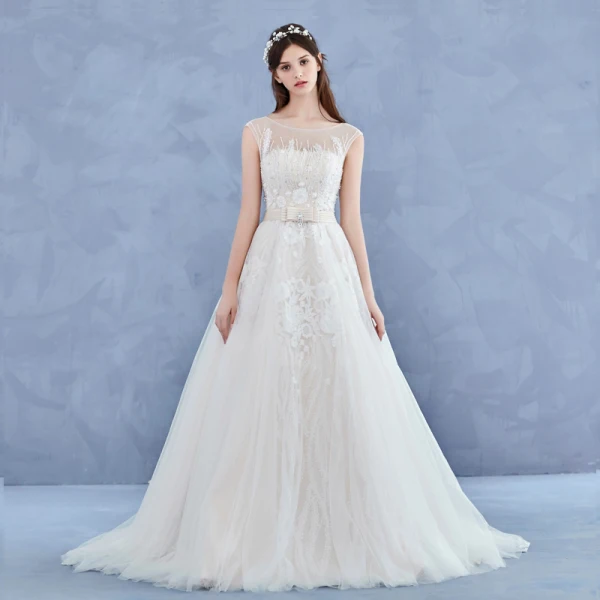 Elegant Handmade Champagne Wedding Dresses 2017 A-Line / Princess Scoop Neck Sleeveless Appliques Flower Lace Backless Beading Rhinestone Court Train