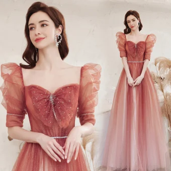 Chic Belle Dégradé De Couleur Rougissant Rose Robe De Ceremonie 2021 Princesse Faux Diamant Encolure Carrée Perlage Manches Courtes Dos Nu Longue Robe De Bal