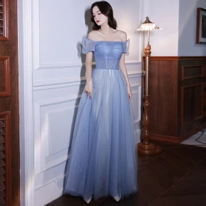 Chic Belle Bleu Ciel Paillettes Robe De Bal 2021 Princesse Encolure Carrée Manches Courtes Dos Nu Longue Robe De Ceremonie
