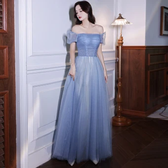 Chic Belle Bleu Ciel Paillettes Robe De Bal 2021 Princesse Encolure Carrée Manches Courtes Dos Nu Longue Robe De Ceremonie